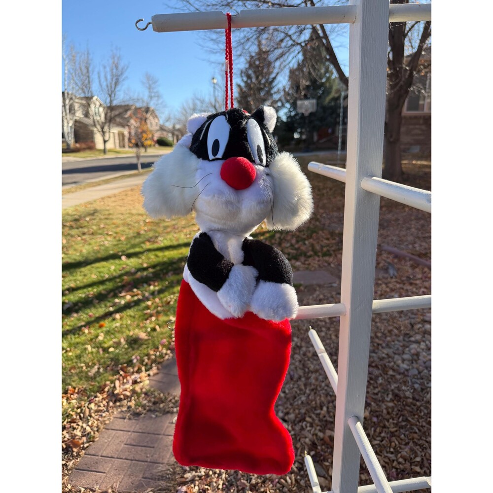 Vintage Cat Christmas Stocking Plush Cartoon Cat Stocking Retro Holiday Decor